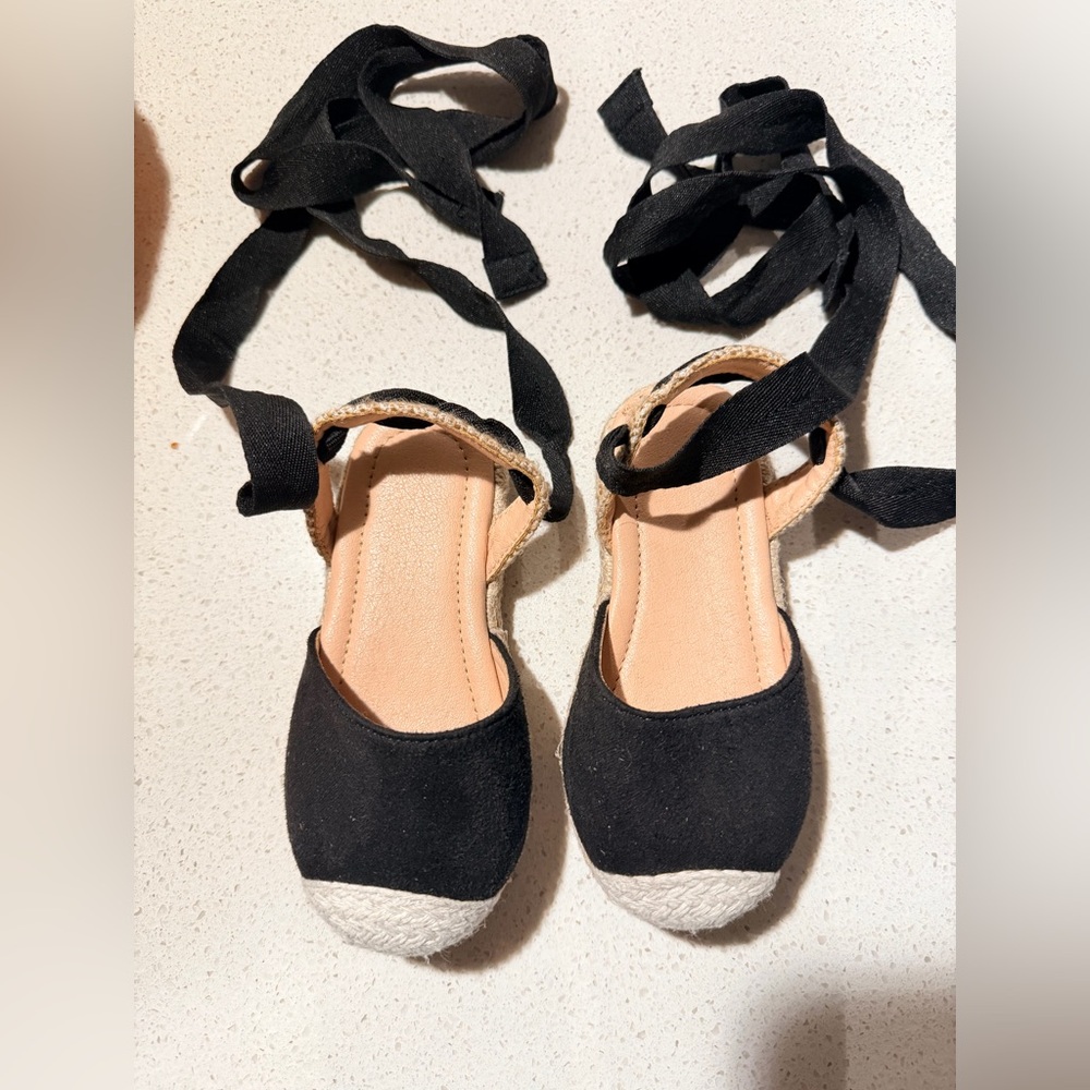 Black and Beige Espadrille Sandals